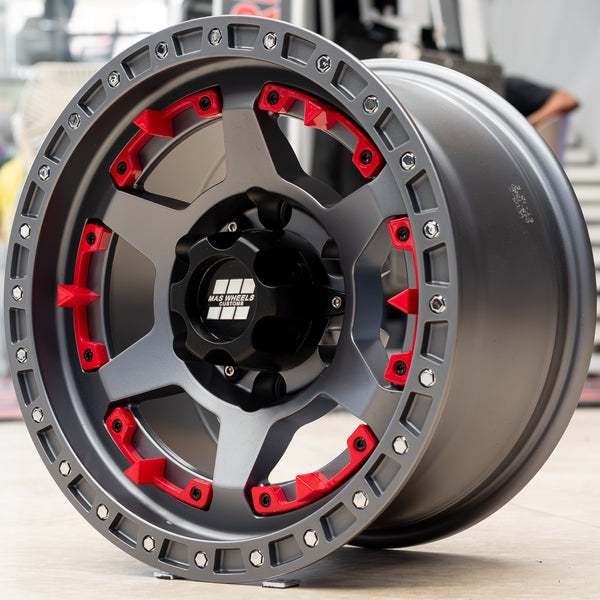 SET DE RINES 15” (15x8) – 6X139.7 Negro Mate con Partes Rojas | Offset -15 | Centro 110 mm