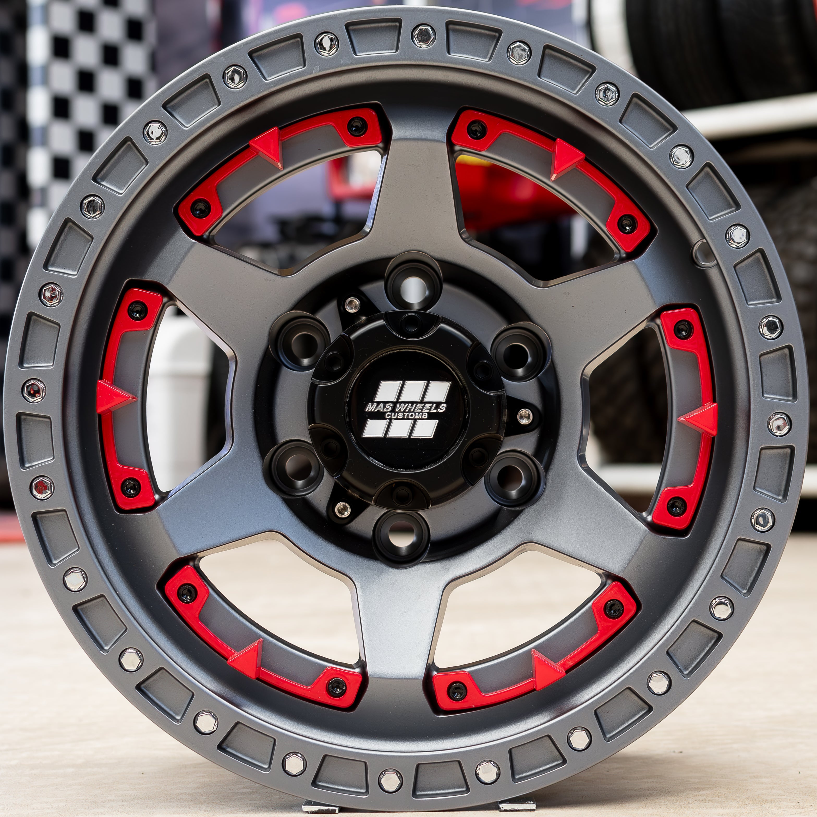 SET DE RINES 15” (15x8) – 6X139.7 Negro Mate con Partes Rojas | Offset -15 | Centro 110 mm